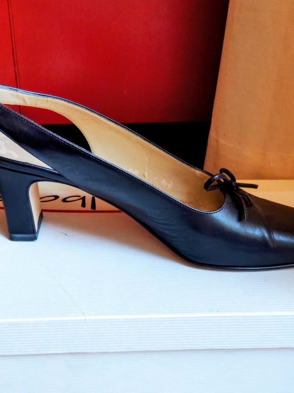 Talbots Italian Made Carlota Navy Leather Slingback Heels with Bow Accent